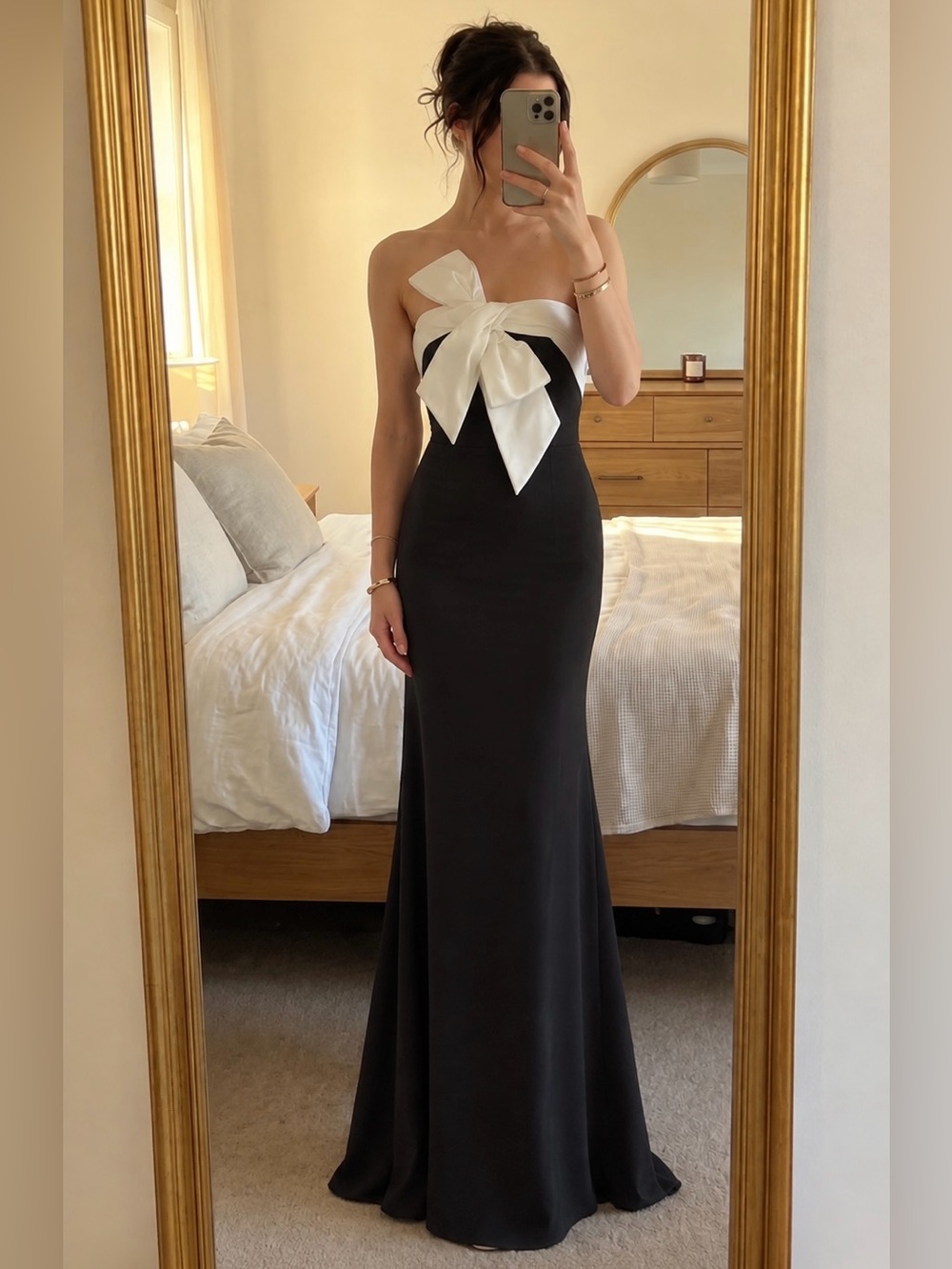 NWT Adrianna Papell Bow Front Knit Crepe Evening Gown Ivory Black Size 8